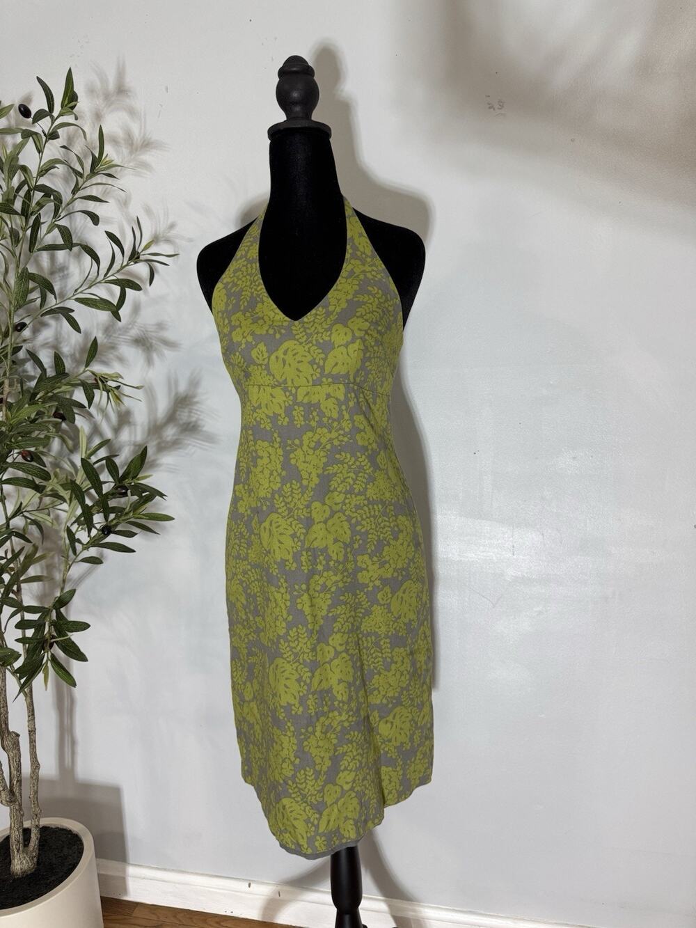 Vintage J. Crew Floral Green 4 Cotton Halter Dress Sz 2 Y2K, Boho Cottage Core